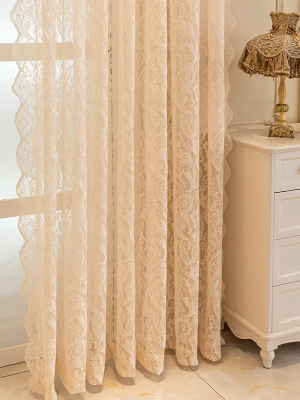 1pc French Retro Lace Pearl Curtain, Romantic Ruffled Sheer Curtain For Bedroom, Living Room, Balcony, Lightweight Luxury