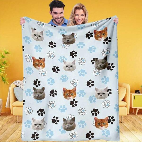 Personalized Pet Blanket - Blanket With Cat And Dog Face Pattern, Beautiful Polyester Fiber Knitted Coat Suitable For All Seasons, Ideal Commemorative Gift For Pet Lovers, Also Specially Designed Blanket For Cats